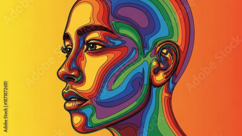 Vibrant colorful illustration of a woman's face in profile with rainbow hues and abstract swirling patterns on her skin and background gradients