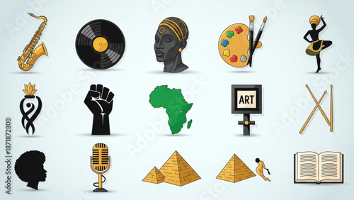 Vibrant collection of african cultural icons and artistic symbols including music dance visual arts literature and historical landmarks with African culture