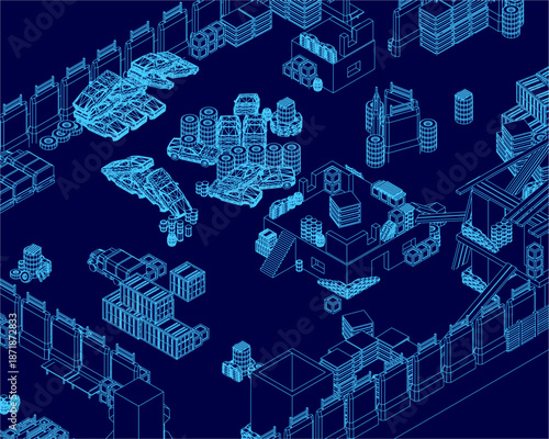 Low poly city blueprint asset with building and factory contours on a blue background. Isometric view