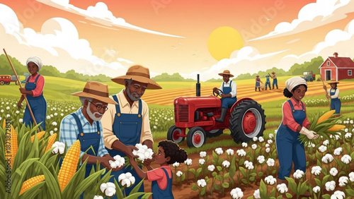 African american farmers working together in a cotton field at sunset with a red tractor and barn in the background with farming and agriculture