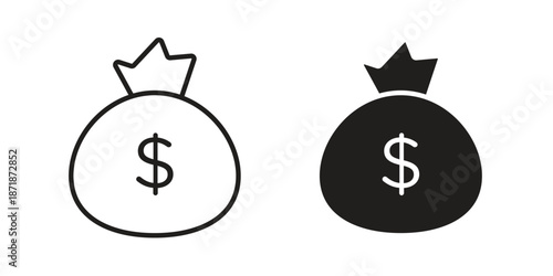 Money bag icons line and solid version, outline and filled vector design set