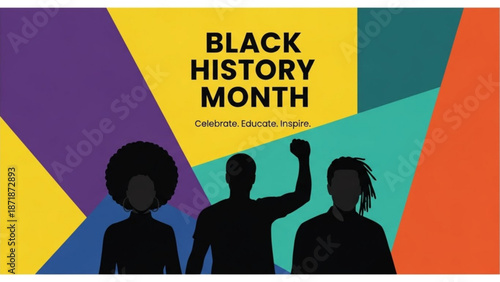Vibrant black history month celebration background with diverse silhouettes and colorful geometric shapes with diversity and empowerment and unity