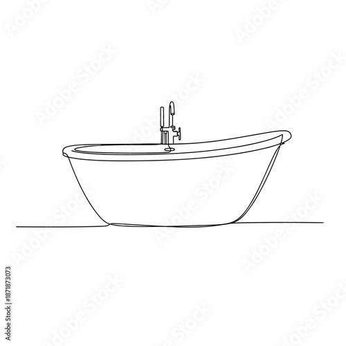 Freestanding modern bathtub in minimalist line art on white background