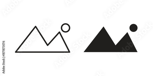 Mountain icons line and solid version, outline and filled vector design set