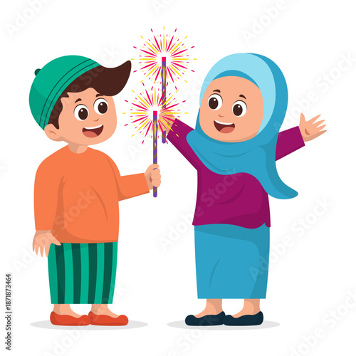 Cartoon Children Celebrating Eid al-Fitr Illustration
