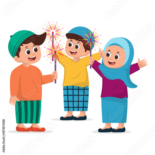 Cartoon Children Celebrating Eid al-Fitr Illustration