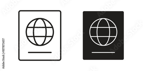Passport icons line and solid version, outline and filled vector design set