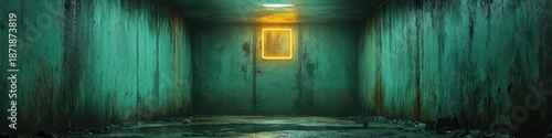 An eerie underground bunker with damp walls illuminated by a neon yellow square.