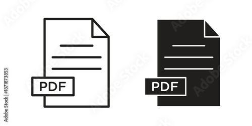 PDF file icons line and solid version, outline and filled vector design set