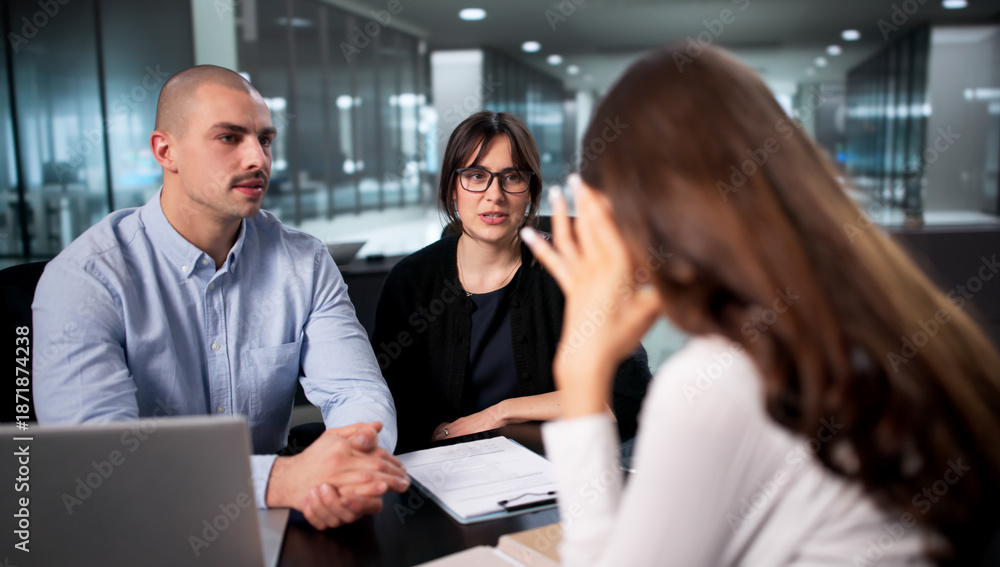 Fototapeta premium Unhappy Manager Conducts Disciplinary Meeting With Stressed Employee