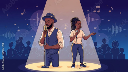 Man and woman singing on stage with microphones under spotlight at nightclub or concert with audience in background with performance and entertainment