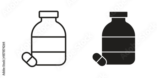 Pill bottle icons line and solid version, outline and filled vector design set