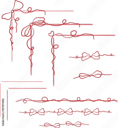 Cute flirty bows, corners, and frames. Hand-drawn girly bows and ribbons, isolated on a white background. For weddings, holidays, party decorations, gifts, letters, and stationery. Vector illustration