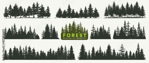Coniferous forest silhouette collection. Set of pine, fir, spruce or christmas tree garden. Mountain wild nature and retro botanical leaf background. Winter woodland landscape and evergreen plant icon