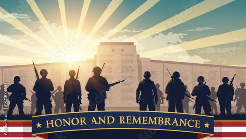 Soldiers standing guard with rifles at sunrise or sunset in front of a memorial or monument with an american flag theme and honor and remembrance banner
