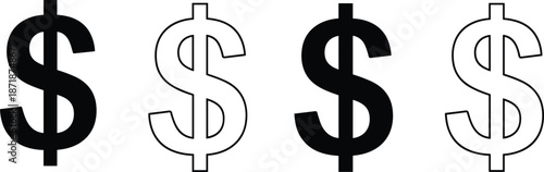Four dollar signs in black and white, solid and outlined versions currency money