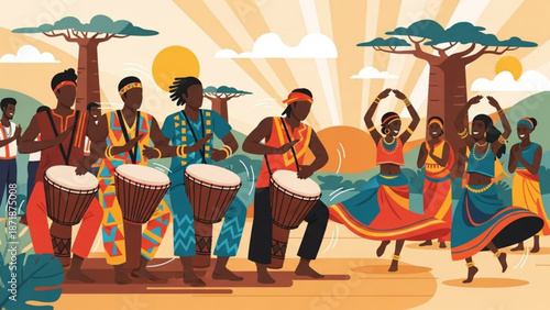 Vibrant african drummers and dancers perform under sunny savannah trees with colorful traditional attire and dynamic movements with performance