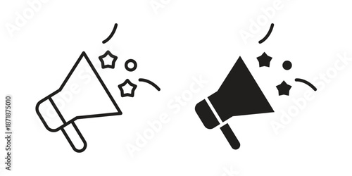 Promotion icons line and solid version, outline and filled vector design set