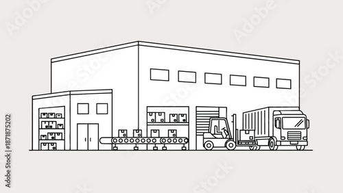 Warehouse Exterior with Forklift and Truck.