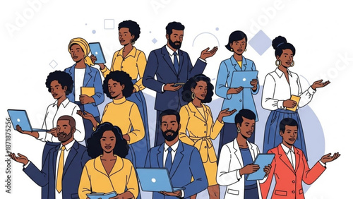 Diverse group of business professionals with laptops standing together in a collaborative work environment with a mix of casual and formal attire