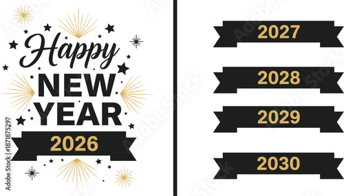 Happy New Year 2026 Greeting with Ribbons and Year Options celebration holiday
