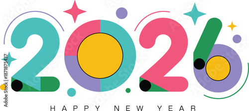 Happy New Year 2026 text with colorful geometric shapes and stars on white background Keywords: happy new year, 2026