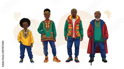 Four people wearing colorful dashiki clothing and accessories standing together with african and traditional and group and cultural and heritage