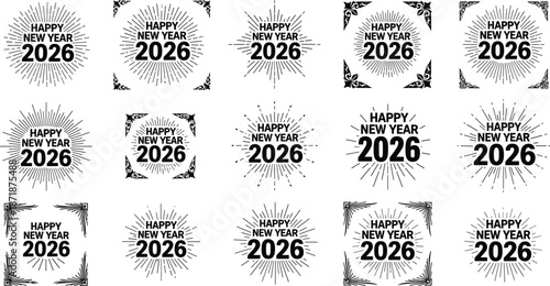 Happy New Year 2026 Sunburst and Decorative Border Designs Collection rays explosion
