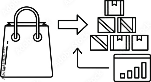 Shopping Bag Leading to Stacked Boxes and Analytics Chart.