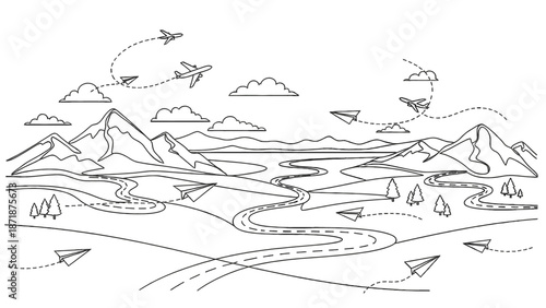 Aerial view of mountains and hills with flying planes and paper boats in a scenic landscape illustration
