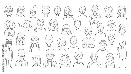 Diverse Group of People Illustrated in Simple Line Art Style