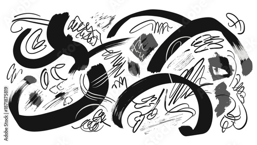 Abstract black swirling patterns and shapes on a white background creating a dynamic illustration