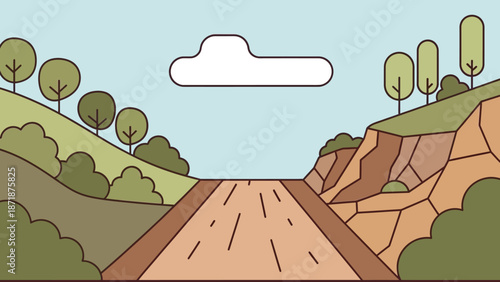 Scenic illustration of Road Through Landscape: An artistic illustration of a road cutting through a rolling landscape, with hills, trees, and a lone cloud providing depth and charm. 