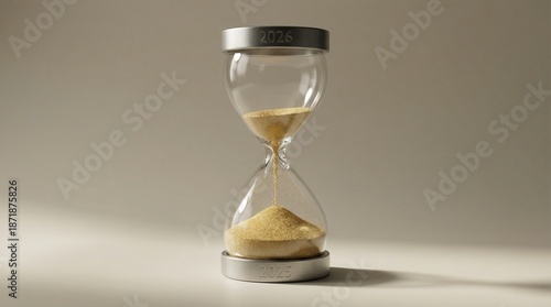 Conceptual Hourglass with Golden Sand Representing the Transition from Year 2025 to 2026