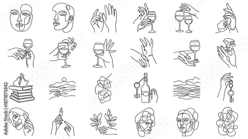 Collection of Hand-Drawn Illustrations Featuring Human Figures and Abstract Designs on a White Background from a Direct Viewpoint