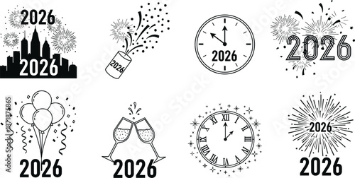 New Year 2026 Celebration Icons with Fireworks Cityscape Clock Balloons and Champagne vector illustration