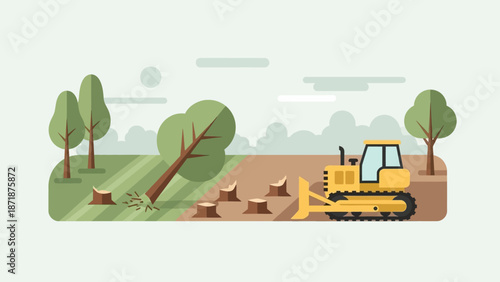 Deforestation Scene: A bulldozer reshapes the landscape by cutting down trees, illustrating the impact of human activity on the environment. 