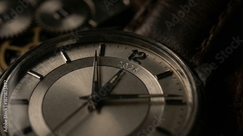 Close-up of a classic wristwatch with the year 2026 engraved on the dial, symbolizing future and time management.