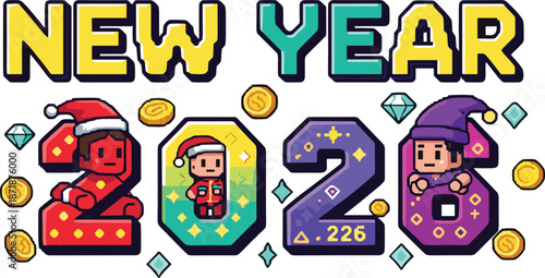 Pixel Art New Year 2020 with Santa Hats and Gold Coins retro video game