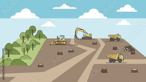 Deforestation Process: This image shows the consequences of deforestation, showcasing heavy machinery at work amid felled trees, transforming a natural landscape into something new.