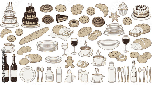 A variety of food and drink items, including cakes, pastries, wine, and utensils, are displayed in a collection of illustrations.