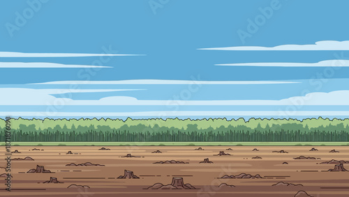 Deforested Landscape: Witness the stark reality of deforestation, with felled tree stumps marring a barren landscape under a vast blue sky, illustrating the impact on our environment