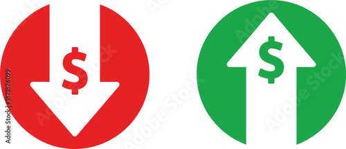 Red Downward Dollar Sign Arrow and Green Upward Dollar Sign Arrow Icons money currency