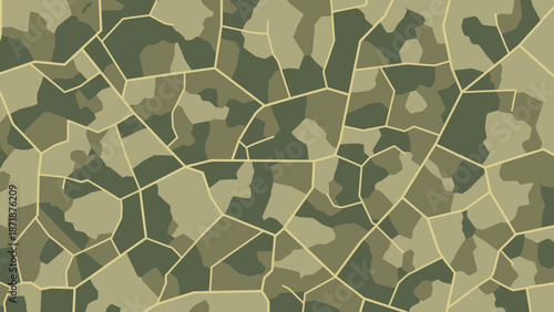 Camouflage Pattern: An abstract, camouflage-style pattern with irregular shapes in earthy tones, evoking a sense of concealment and tactical design.