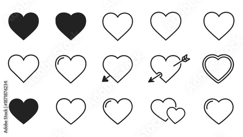 Modern heart icons diverse styles including solid, outlined, and arrow designs. Ideal for expressing love, affection, and likes in digital and print projects