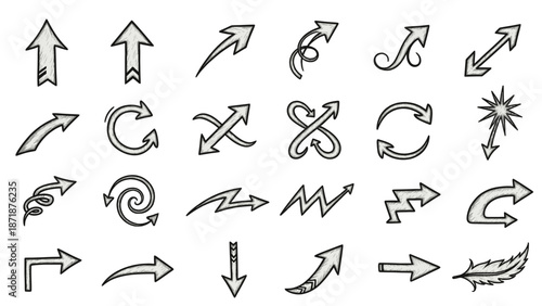 A broad array of hand-drawn doodle arrows, providing versatile directional indicators and artistic graphic elements for modern web design and creative projects