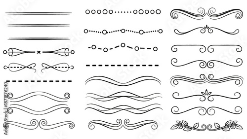Elegant vector set of decorative page dividers, ornamental borders, and intricate flourish design elements, perfect for enhancing creative graphic design layouts