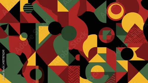 Vibrant abstract composition with geometric shapes in red yellow green and black hues for creative projects and designs with colorful and bold