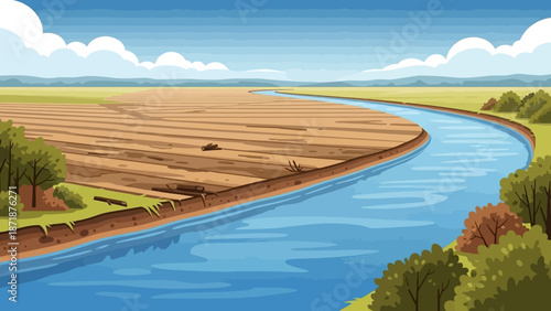 Serene Riverside Landscape: An illustrative panoramic view of a calm river meandering through an open field, creating a peaceful and picturesque scene.