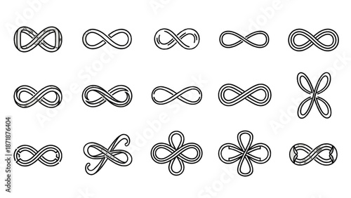 Varied vector infinity symbols intricate knot patterns, continuous loops. Ideal for graphic design portraying endlessness, eternity, and timeless concepts